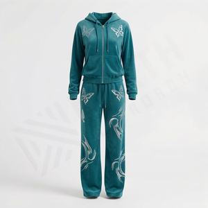 Conjunto Deportivo de 2 Piezas para Mujer, Sudadera con Capucha y Cremallera, Pantalones Deportivos, Diseño Casual, Ecológico, con Logotipo de Pedrería, Estilo Urbano, Algodón - Product Image 1