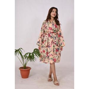 Robe kimono maxi bohème 100% coton imprimée à la main, motif oiseau, douce, pour la maternité, taille naturelle, écologique, été - Product Image 1