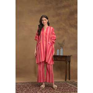 Ensemble coordonné rayé en coton doux, chemise kaftan ample à imprimé floral vintage avec boutons et pantalon large, vêtements décontractés pour femmes musulmanes - Product Image 1