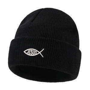Bonnets d'hiver tricotés tendance avec broderie de poisson Jésus, épaisses et chaudes, avec symbole chrétien Ichthys, pour hommes et femmes - Product Image 2