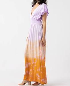 Flowy Rayon Multi Ombre Tie-Dye Long Summer Party Wear Manches à volants Designer Back With Smoky Belt Deep V Neck Knee Side Limon - Product Image 2