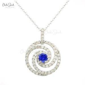 Luxe 2.19 CTW coupe ronde diamant spirale Halo pendentif 14k or blanc Tanzanite pierres précieuses Cocktail collier fête porter des bijoux - Product Image 3