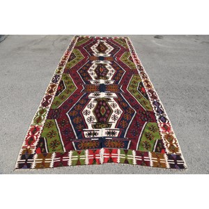 Alfombra Kilim turca Vintage de 5,8x13,4 pies, diseño de retazos rojo y verde, Material de lana, respaldo de látex, rectángulo abstracto de 10mm para vivir - Product Image 1