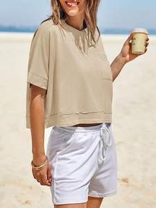 T-shirt pour femme respirant, nouveau style, 100% coton, couleur unie, col rond, manches courtes, vêtements décontractés, t-shirts pour femme en vente - Product Image 3