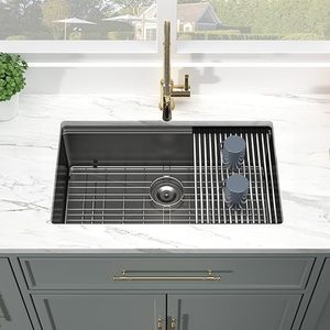 Évier de cuisine à un seul bol fait à la main Calibre 16 en acier inoxydable noir Undermount Workstation Gunmetal Finition Caractéristiques One Hole Design - Product Image 1