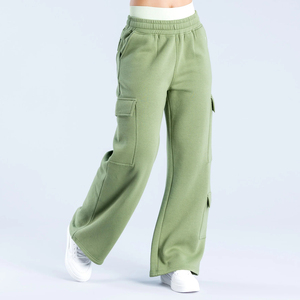 Pantalones de chándal de pierna ancha para mujer Joggers con decoración de botones Patrón de logotipo Manga larga Pantalones cargo de punto grueso Técnicas lavadas - Product Image 1