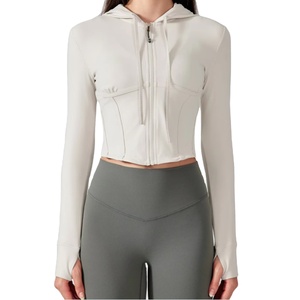 Sweat-shirt à capuche zippé slim fit pour femmes, course à pied, yoga, manches longues, haut ajusté, sweat-shirt court, sweat-shirt zippé court - Product Image 1