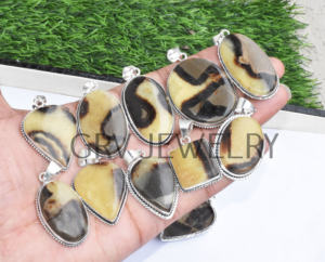 Lot de pendentifs ethniques en argent sterling 925 faits à la main en gros pierre précieuse septarienne jaune naturelle GRV BIJOUX Fêtes Anniversaires - Product Image 1