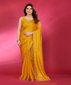 Sari en soie fantaisie, travail banarasi, uni, non cousu, chemisier, tenue de soirée, vêtement ethnique, jaune - Product Image 1