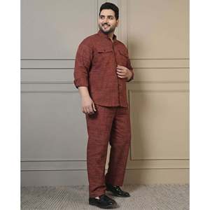 Amanush <b>Men's</b> Brown Cotton Plus Size Co-Ord Set Textured Plaid Mandarin Collar Full Sleeve Shirt With Pant Casual Wear Outfit - Product Image 4