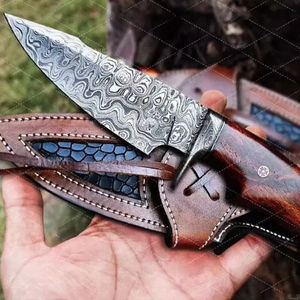 Couteau de camping de chasse en acier damas fait à la main couteau de skinner couteau en acier damas tranchant avec gaine en cuir supporté par OEM - Product Image 1