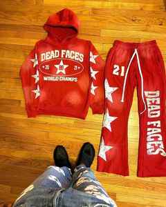 Patch Oversized Unisex Mens Acid Wash Flared Jogger Sweatpants and <b>Hoodie</b> Set Vintage Men Sweatsuit - Product Image 5