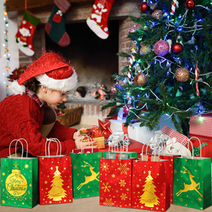 Christmas Craft Paper Bags Eco-Friendly Recyclable Silver Foil Printing <b>Flat</b> Handles Hand Length Handle Style - Product Image 6