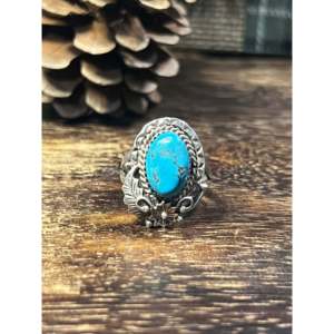 Navajo Handmade Kingman <b>Turquoise</b> Sterling Silver Statement <b>Ring</b> Size 8.75 - Product Image 1