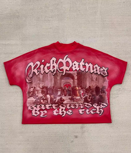 T-shirt en coton tricoté formel surdimensionné vintage, col en V personnalisé, bordure contrastée, haut de mode lourd pour hommes et femmes - Product Image 1