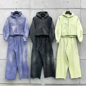 OEM Manufacturers' Custom 280gsm Distressed Elastic Waist Fleece Winter Solid Tracksuit <b>Set</b> Acid Wash <b>Sweatpants</b> Hoodie for Men - Product Image 1
