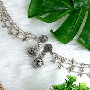 Efulgenz Indian Wholesaler Jewelry Manufacturer Oxidized <b>Jhumka</b> Jhumki Dangle Earrings Set with Hair Chain Jewellery for Women - Product Image 2