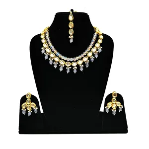 Parure de bijoux fins en Kundan gris perle foncé, plaqué or, classique et tendance, ethnique, religieuse, pour mariage, fête, fiançailles, cadeau - Product Image 1