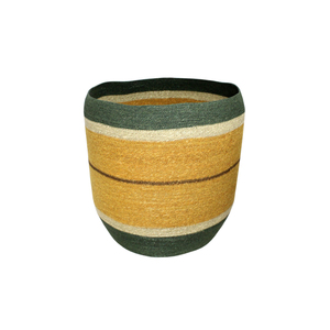 Panier de rangement artisanal en jonc de mer tressé avec rayures vertes et jaunes pour la maison et le salon, panier multi-usages - Product Image 1