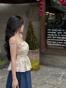 OEM Summer Floral Chiffon <b>Top</b> with <b>Built</b>-<b>in</b> <b>Bra</b> and Long Denim Skirt Set - Product Image 5