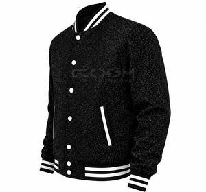 Veste universitaire d'hiver personnalisée OEM ODM Cosh International, col montant fin, couleur noir pailleté avec bordure blanche, unisexe - Product Image 5