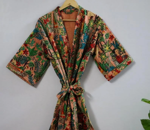 Kantha Quilt Veste en coton Robe Kimono Beach Wear Peignoir de bain en coton Robe de chambre Point de main Robe Kantha, Hand Block Imprimé - Product Image 3