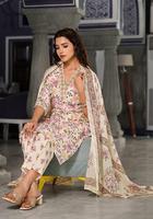 Pakaian kasual mode India meluncurkan atasan cetak bunga Digital katun desainer baru Multi warna dengan kerah V dan Celana dan Dupatta