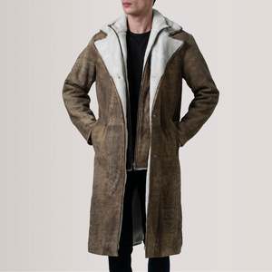 Distressed Brown Leather <b>Shearling</b> Overcoat Waterproof Hooded Long Winter <b>Coat</b> - Product Image 1
