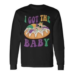 Maglietta a Maniche Lunghe per Annuncio di Gravidanza con Tema Baby Mardi Gras King Cake per Promozioni - Product Image 1