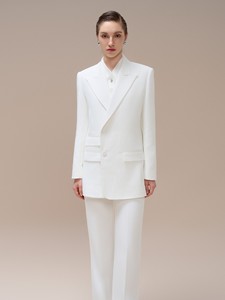 เสื้อสูทสตรีแบบหรูหรามีกระเป๋าด้านหน้าของ2024เสื้อเบลเซอร์หยักผ้าทอสีขาวขาวสไตล์เวียดนาม - Product Image 4