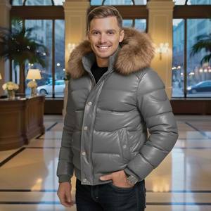 <b>Men's</b> Grey & <b>Brown</b> Fox Fur Hooded Puffer <b>Leather</b> <b>Jacket</b> Breathable Summer Casual Regular Fit - Product Image 4