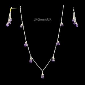 925 Sterling Silver Natural <b>Amethyst</b> Gemstones <b>Necklace</b> Earrings Set Purple Faceted Drops for Children's Wedding Parties - Product Image 3