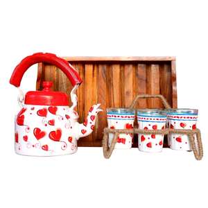 <b>Red</b> & White Hand Painted <b>Kettle</b> Set of 9 Includes 1 <b>Kettle</b> 6 Glasses Iron Rope Stand With Wooden Tray for Home Decor Gifting Use - Product Image 1