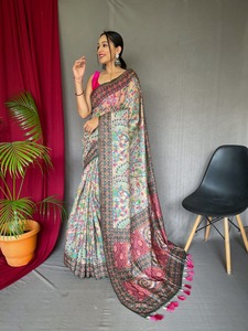 Ropa de boda de diseñador de aspecto elegante, Malai sari de algodón puro con blusa con estampado y fabricante de trabajo Kalamkari DE LA India - Product Image 3