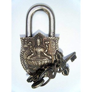 Medium Antique Handmade Brass Padlock with Maa Laxmi Idol a Stylish Lock for Your Home or Office - Product Image 1