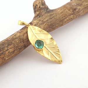 Designer จี้ใบทองธรรมดาหินเดี่ยว apatite ควอตซ์เบาะ briolette สไตล์ใบจี้เชื่อมต่อโลเค็ตชุบทอง - Product Image 2