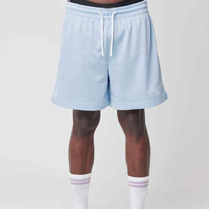 Pantalones cortos de baloncesto azul claro para hombre, tela de malla transpirable, cintura elástica con cordón, logotipo personalizado, ropa deportiva de entrenamiento atlético - Product Image 2