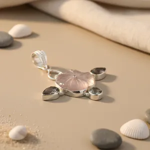 Pendentif Fleur en Argent 925 Art Palace avec Quartz Rose et Pierres Noires Serties, Bijou Romantique pour Femme, Idéal pour le Quotidien et les Cadeaux - Product Image 1