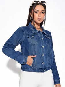 Veste en jean à manches longues personnalisée pour femmes, bouton de broderie décoration tissé coton lavé finition mode décontractée pour les jeunes femmes - Product Image 5