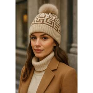 Bonnet en laine beige à pompons et motifs pour femme BERE1144 - BERE1144-BEJ - Product Image 4