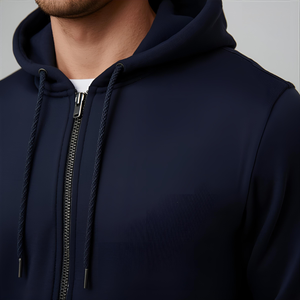 Sweat-shirt à capuche à double fermeture éclair en molleton de coton bleu marine avec logo personnalisé et fabricant d'options OEM/ODM - Product Image 5