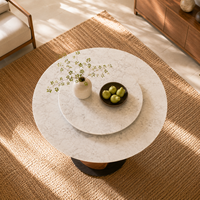 Table à manger ronde moderne en marbre écologique avec plateau tournant et piédestal en bois sculpté, 10 places