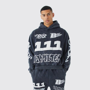 Ensemble de survêtement personnalisé en éponge française délavé à l'acide pour hommes, pantalon de survêtement évasé tout imprimé, sweat à capuche, vêtements d'hiver vintage - Product Image 6