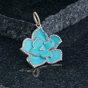 Solid 14k Gold Flower Pendant Enamel <b>Jewelry</b> Pave Diamond Gold Pendant <b>Handmade</b> <b>Jewelry</b> - Product Image 1