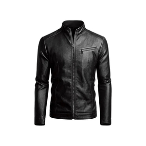 Veste en cuir PU bleu pour homme, fermeture éclair, col rabattable, manches régulières, style automne - Product Image 3