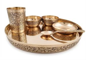 Fabricant indien, service de table en bronze 6 pièces, finition miroir, gravure solide, authentique service de table en bronze indien, ensemble Thali - Product Image 6