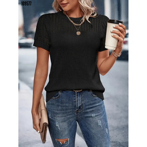 Blusa de Punto con Cuello y Manga Corta para Mujer, 38213 - Negra - Product Image 3
