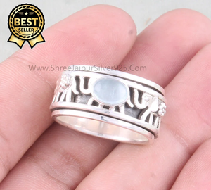 Aquamarine <b>Copper</b> Turquoise Sterling Silver Geometric Vintage Engagement Worry Ring for Unisex Wedding Anniversary & Party - Product Image 1