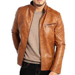 Veste en cuir pour moto à col montant pour homme, légère, en simili cuir, fermeture éclair, marron, décontractée, unisexe, veste personnalisée authentique - Product Image 3