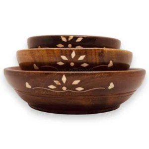 Cuenco de madera de Acacia de 3 compartimentos de primera calidad con marco de diseñador único pulido brillante de Color plateado o cuencos Base para servir alimentos - Product Image 3